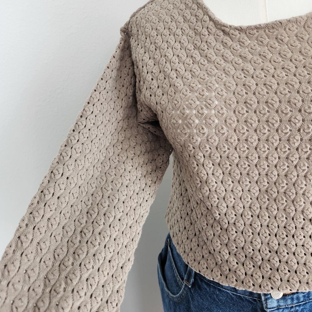 Vintage 90s Taupe Brown Open Knit Long Sleeve Pullover Sweater Top Neutral L - Picture 4 of 9